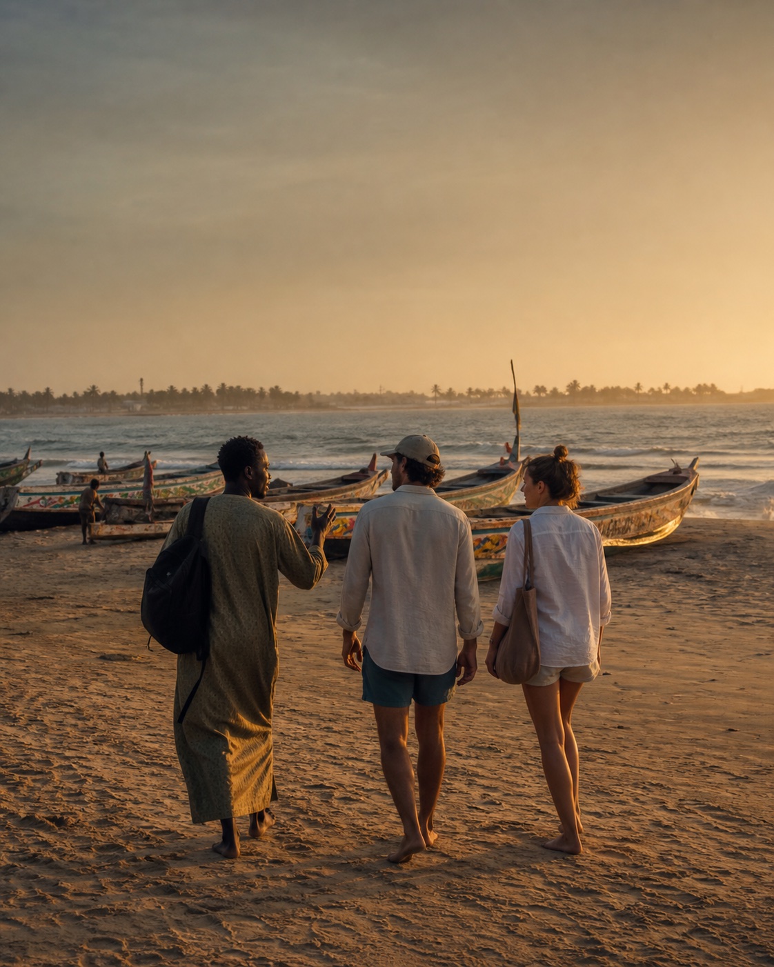 Paco accompagne deux voyageurs sur une plage de Saly au coucher du soleil