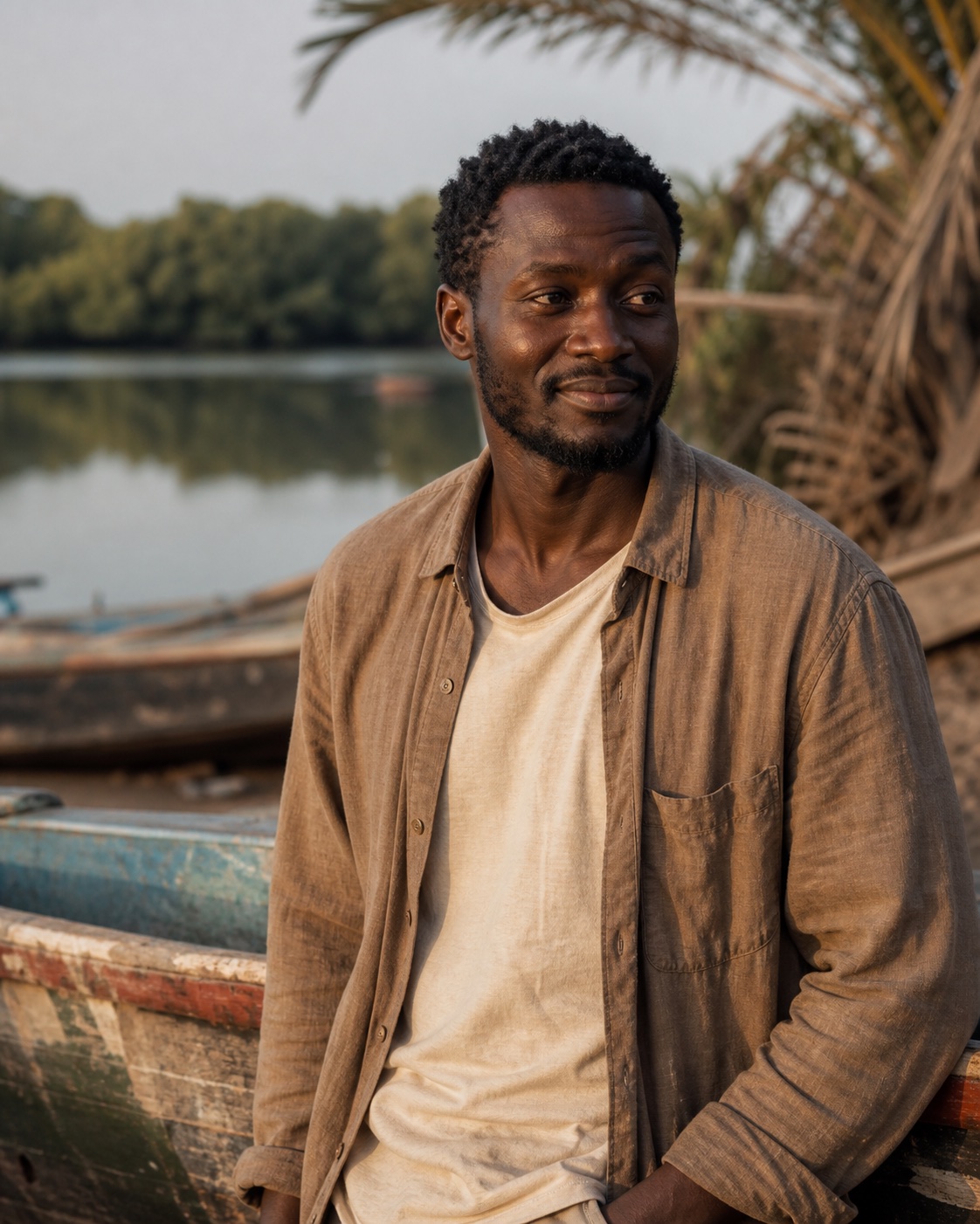 Portrait de Paco près d’une pirogue sur la lagune